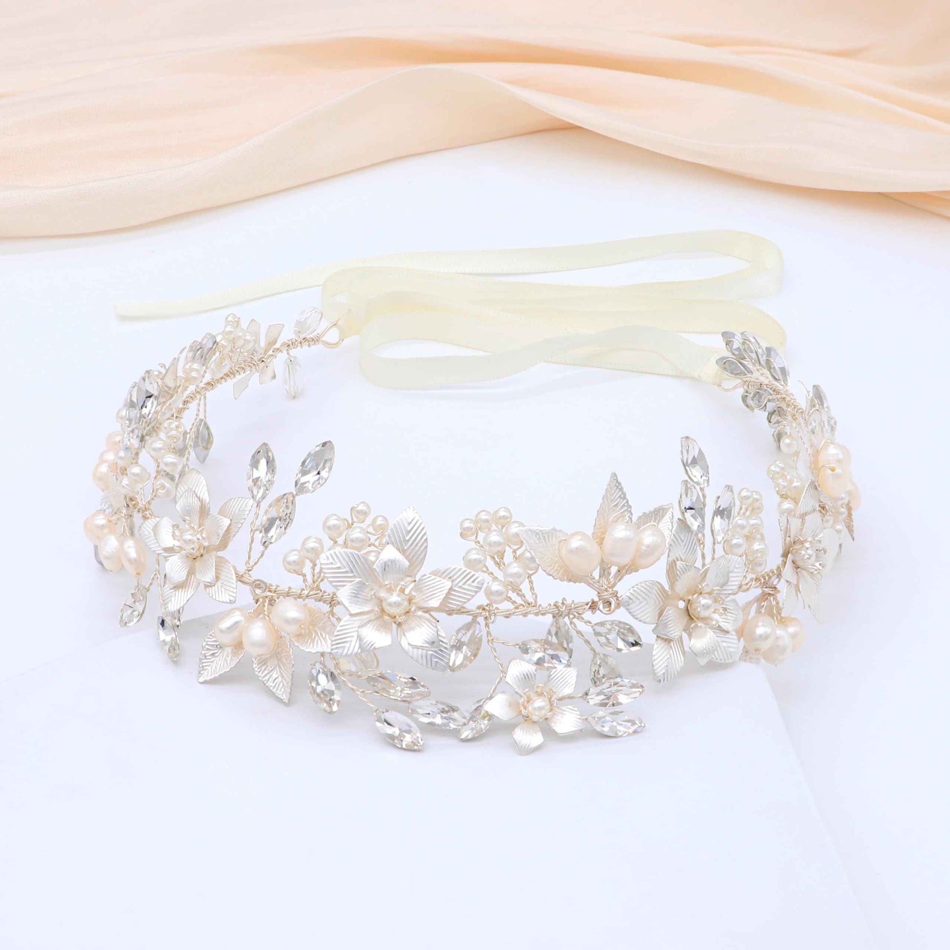 Oriamour Wedding Headband Bridal Headpiece Flower Design With Genuine Freshwater Pearls And Ribbons Hair Accessories For Bride (Silver)