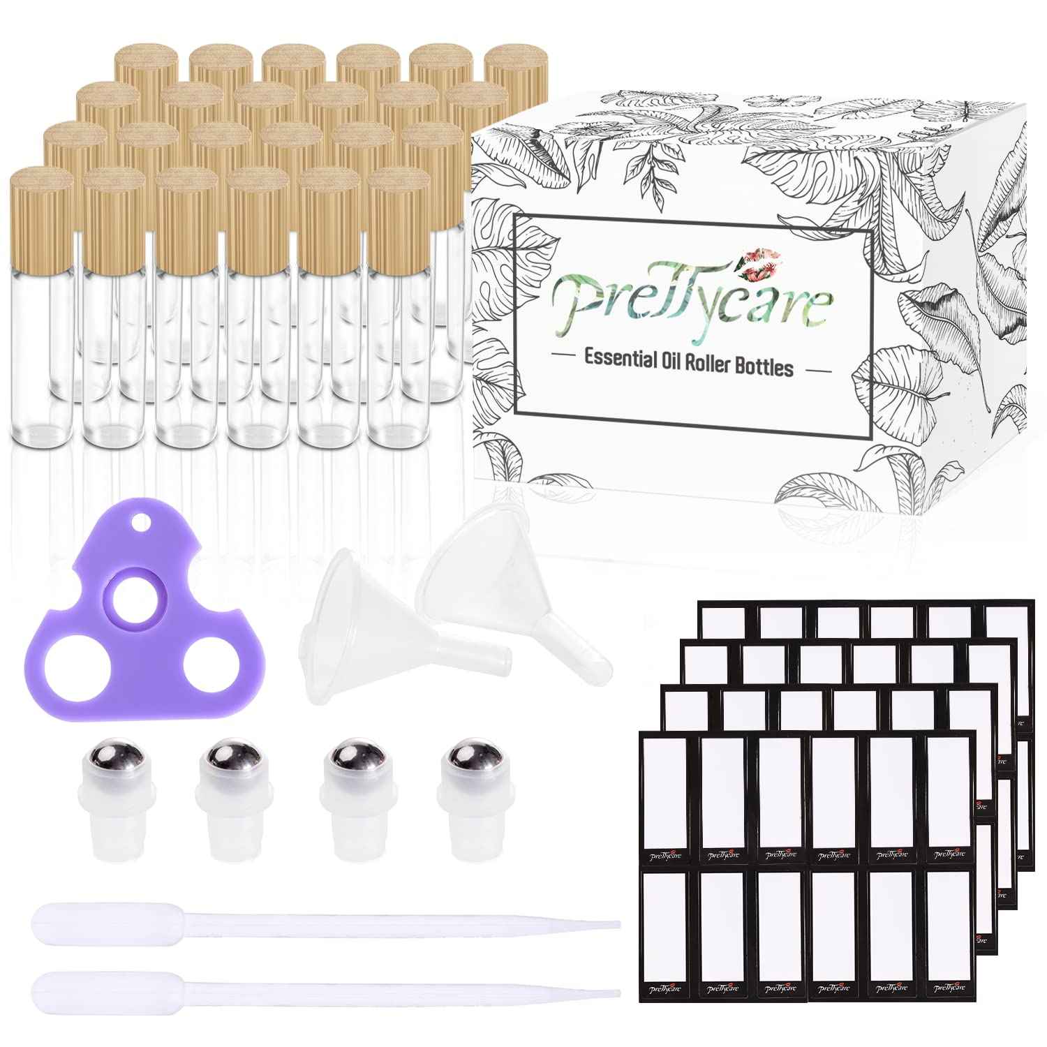 PrettyCare Essential Oil Roller Bottles 10ml (24 Pack Clear Glass Bottle with Bamboo Lid, 4 Extra Roller Balls，48 Labels, 2 Openers, 2 Funnels, 4 Droppers, Roller Balls For Essential Oils