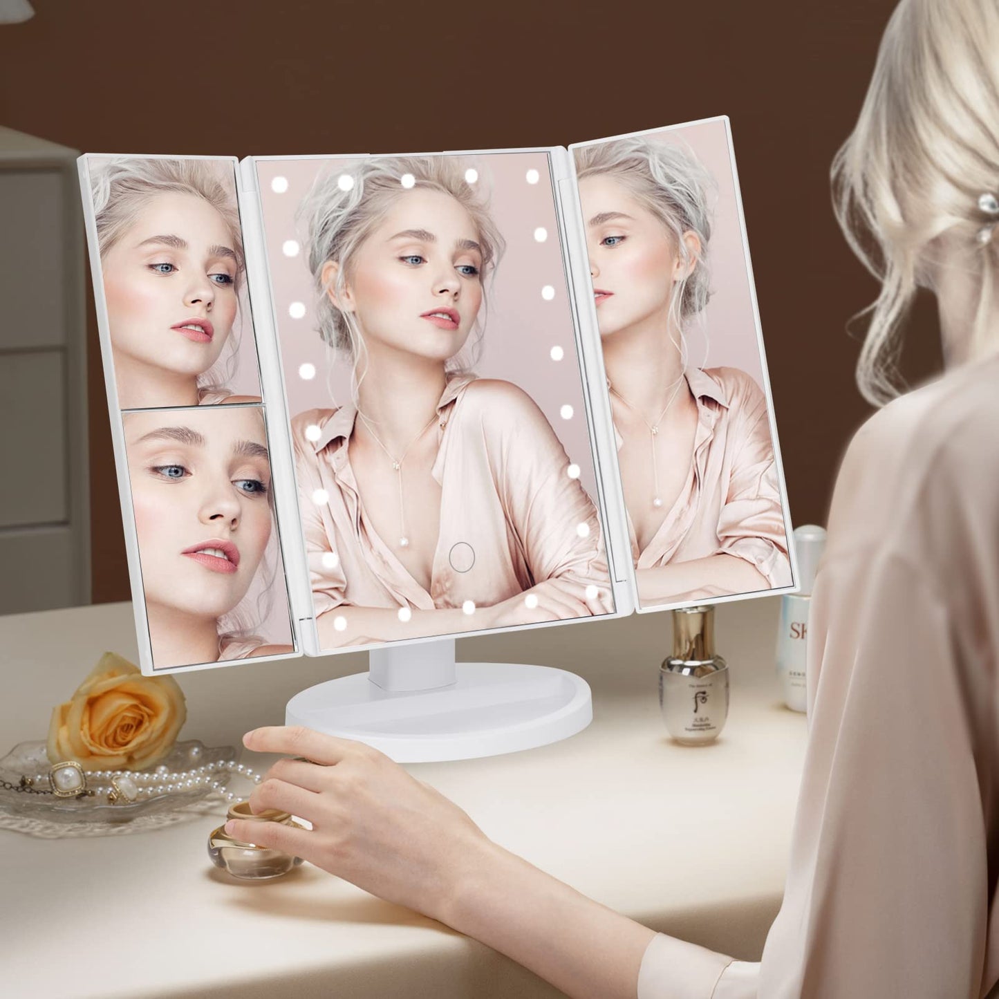 TiKenSo Trifold Vanity Mirror with Lights，Tabletop Mount Makeup Mirror with Lights and 1x/2x/3x Magnification 21LED Mirror Touch Screen Two Power Supply Modes Make Up Mirror