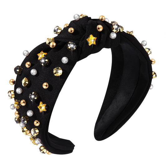 GLBCC Pearl Rhinestone Star Knotted Headband for Women - Happy New Year's Eve Hairband, Wide Party Head Band Hair Accessory (black knot hairband A)