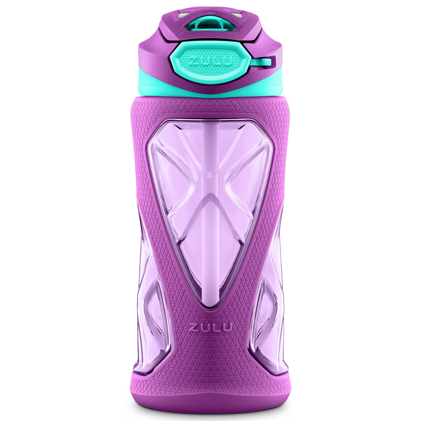 Zulu Torque 16oz Plastic Kids Water Bottle with Silicone Sleeve and Leak-Proof Locking Flip Lid and Soft Touch Carry Loop for School Backpack, Lunchbox, Outdoor Sports, Dishwasher Safe, Purple