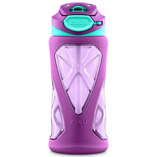 Zulu Torque 16oz Plastic Kids Water Bottle with Silicone Sleeve and Leak-Proof Locking Flip Lid and Soft Touch Carry Loop for School Backpack, Lunchbox, Outdoor Sports, Dishwasher Safe, Purple