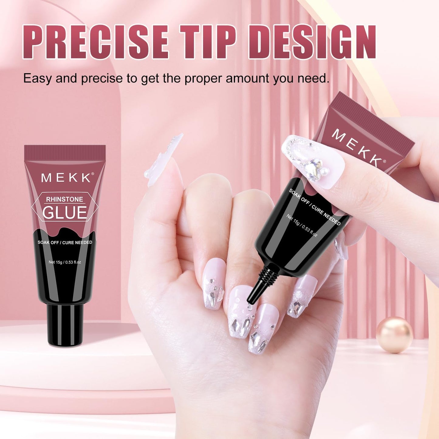 MEKK Rhinestone Glue for Nails, 1Pcs 15g Super Strong Gel Nail Glue for Rhinestones No Wipe Nail Rhinestone Glue for 3D Nails Crystals Beads Charms Diamonds Gems Cure Needed