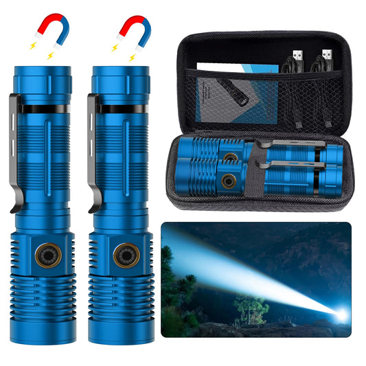 Small Tactical Flashlights 20000 High Lumens - 1500 Meters Long Beam Super Bright LED Magnetic Flashlight USB Rechargeable Zoomable 5Modes Long Beam Spotlight Flashlight for Hiking, Camping-Blue