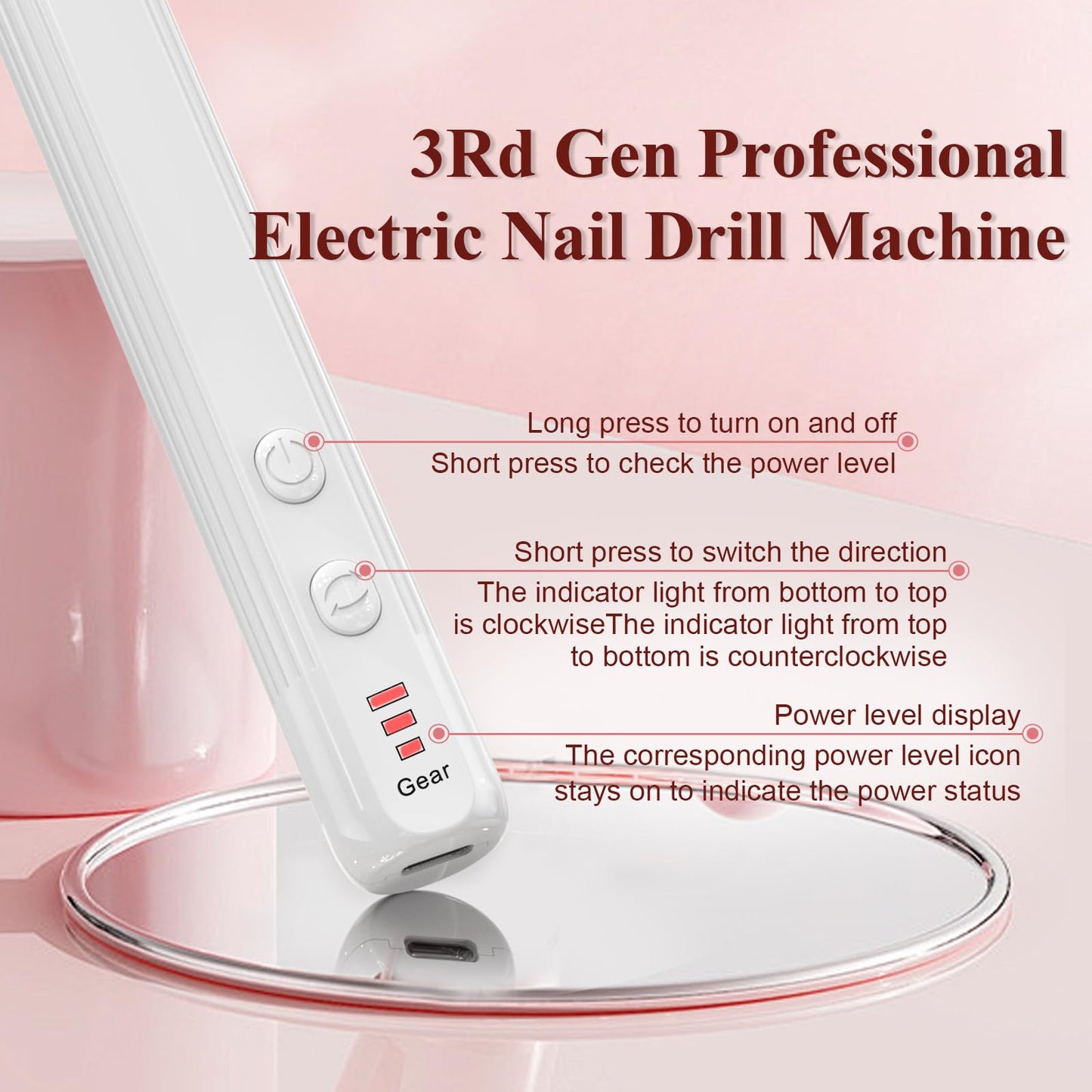 Professional Electric Nail Drill Kit, Portable Cordless Nail File Set for Acrylic, Gel Nails, Manicure and Polishing with 100Pcs Sanding Bands (White)