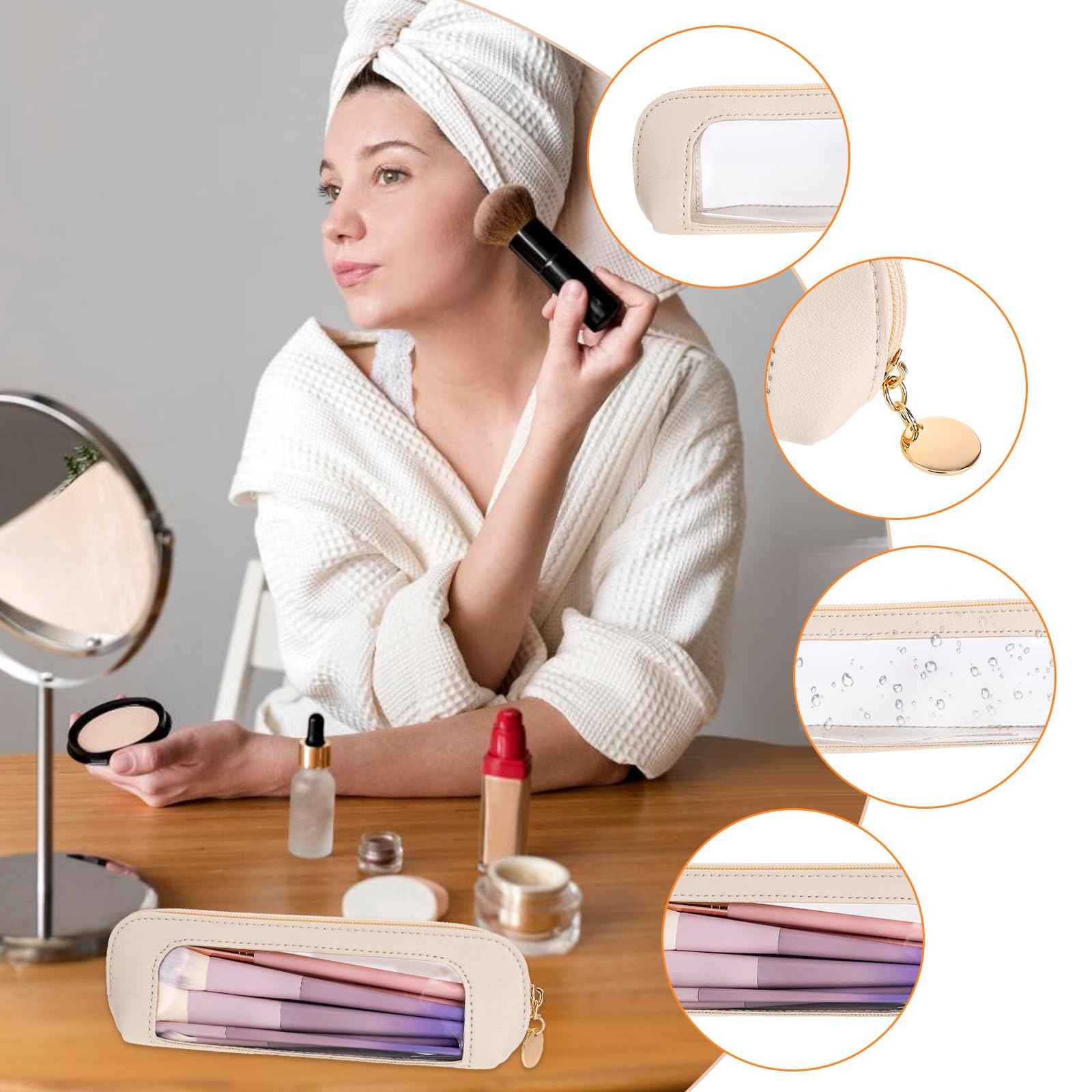 Psyqtsuary Small Clear Makeup Bag, PU Leather Travel Makeup Brush Case Portable Transparent Waterproof Cosmetic Organizer Pouch with Zipper for Women Home Travel Office Makeup Storage (White)