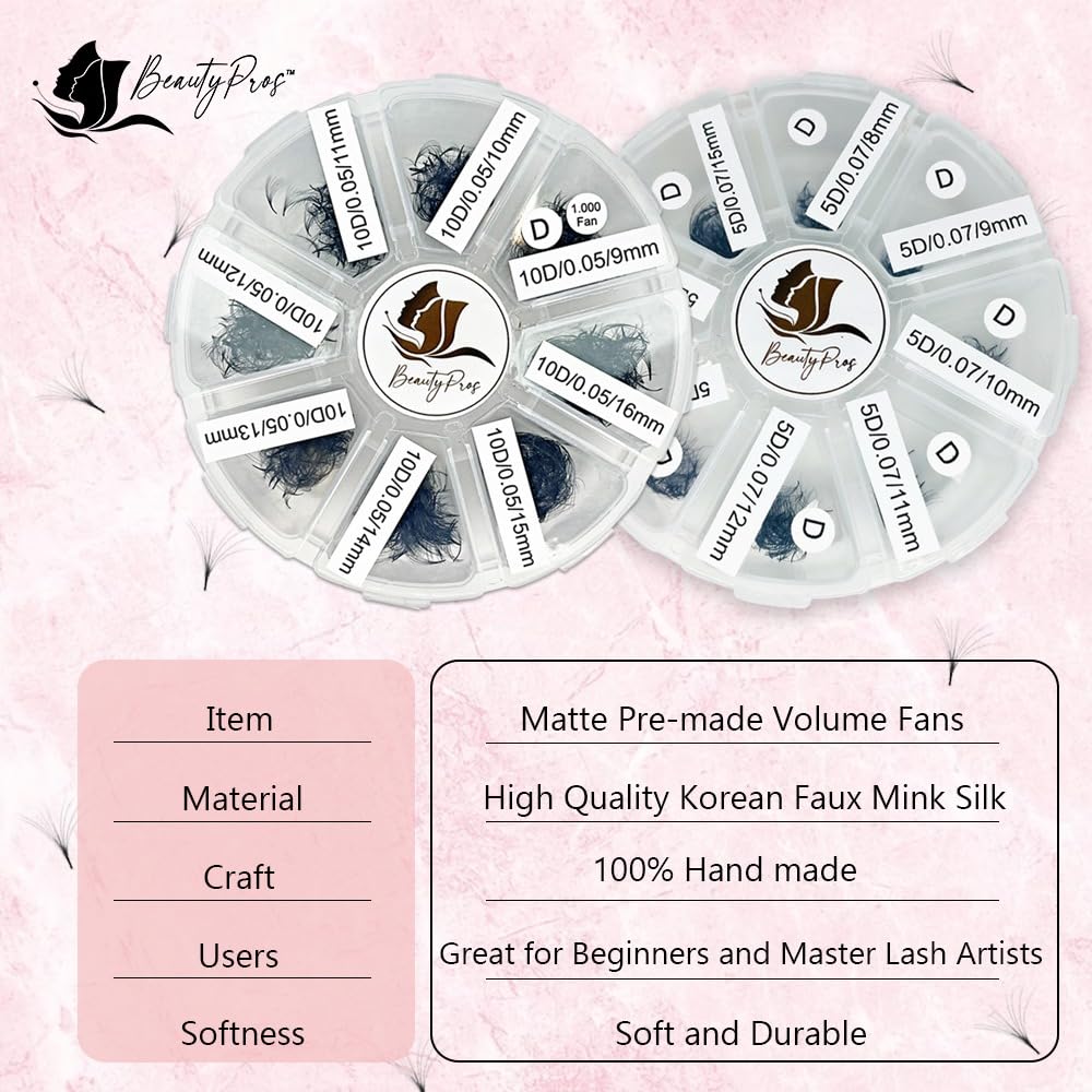 BeautyPros 5D Premade Volume Lash Extension Kit- 5D Mixed Tray 500 Premade Fans Eyelash Extensions - Premade Lash Fans Pointed Handmade Premade - Loose Fans Thin Base (5D-0.07 D-Curl 9-16mm White)