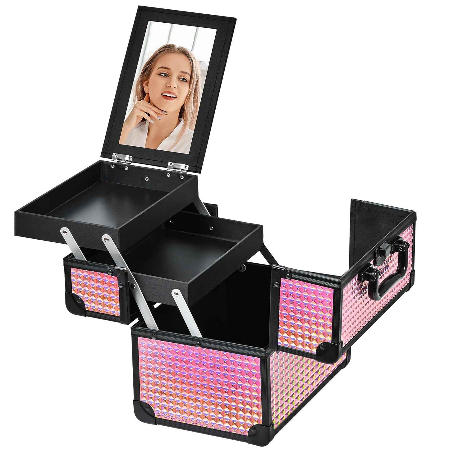 GALHUBIS Makeup Case Organizer,Makeup Train Case, Trays Cosmetic Box Portable, Profesional for Salon Barber,Black Bright Pink