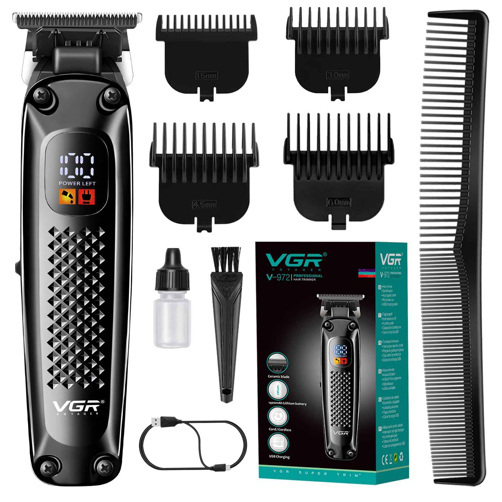 VGR 972 Professional Hair Trimmers, Precision Beard Trimmer for Men, Cord/Cordless and Rechargeable with LED Display