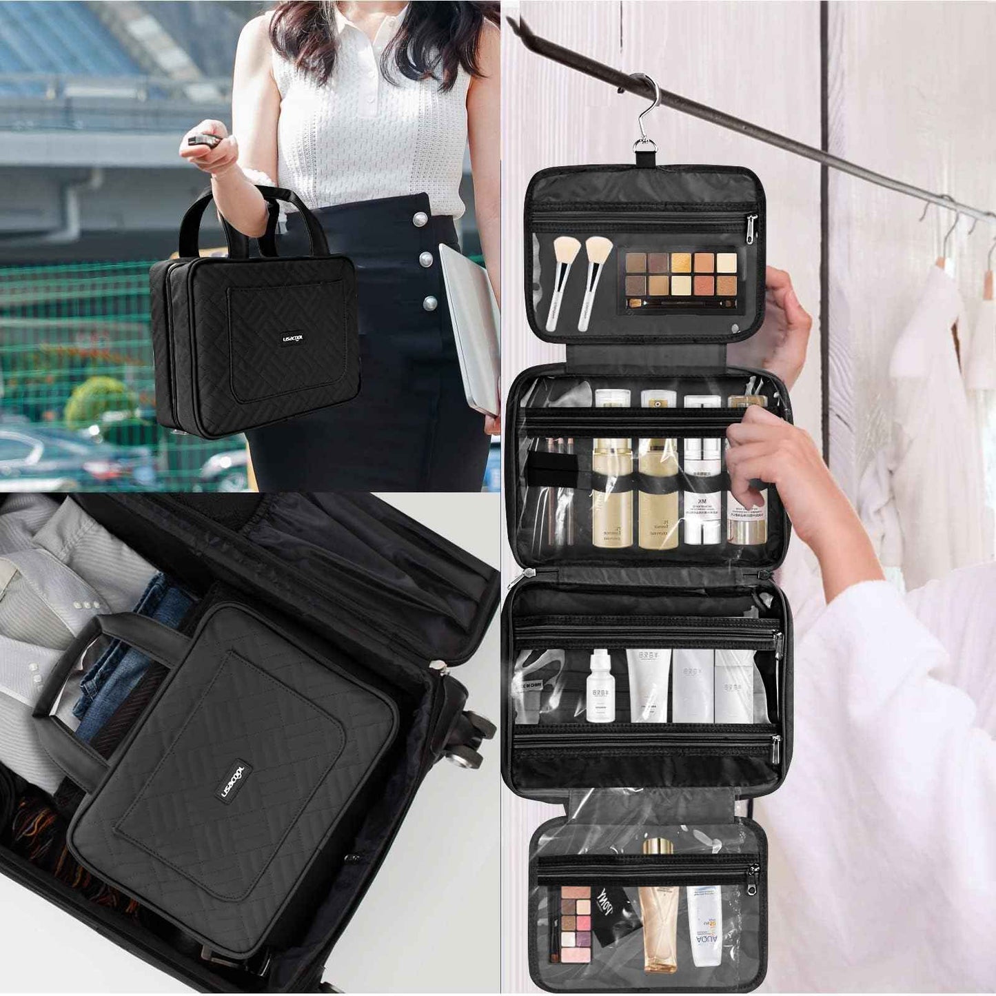 Travel Toiletry Bag,Hanging Toiletry Bags for Traveling Women, Water-resistant Makeup Travel Bags - Toiletry Bag for Travel Size Essentials Accessories Cosmetics -Perfect Gifts for Women (Black)