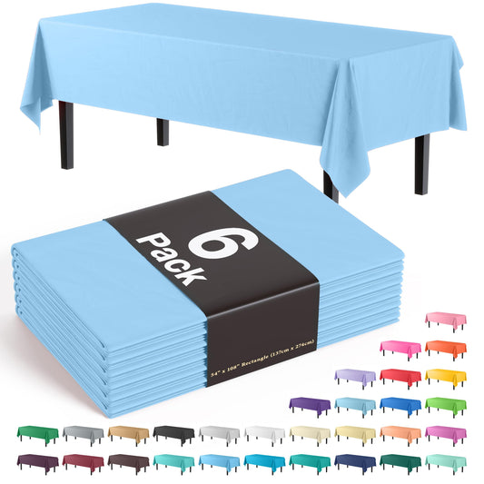 Exquisite 6-Pack Premium Plastic Tablecloth 54in. x 108in. Rectangle Plastic Table Cover - Light Blue