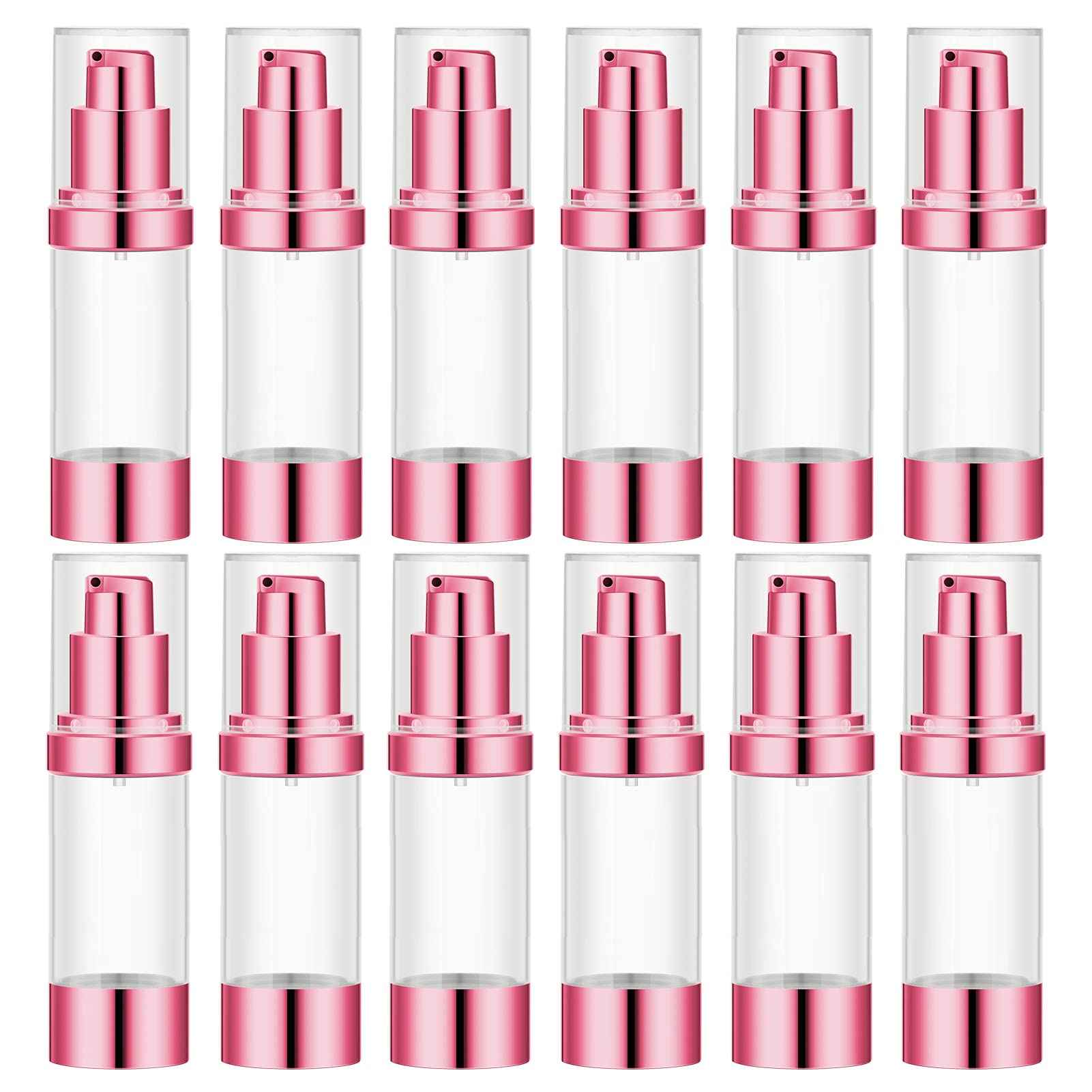 Lil Ray 1 OZ Refillable Airless Pump Bottle, Travel Lotion Container, Plastic Cosmetic Dispenser (12PCS,Rose Red)