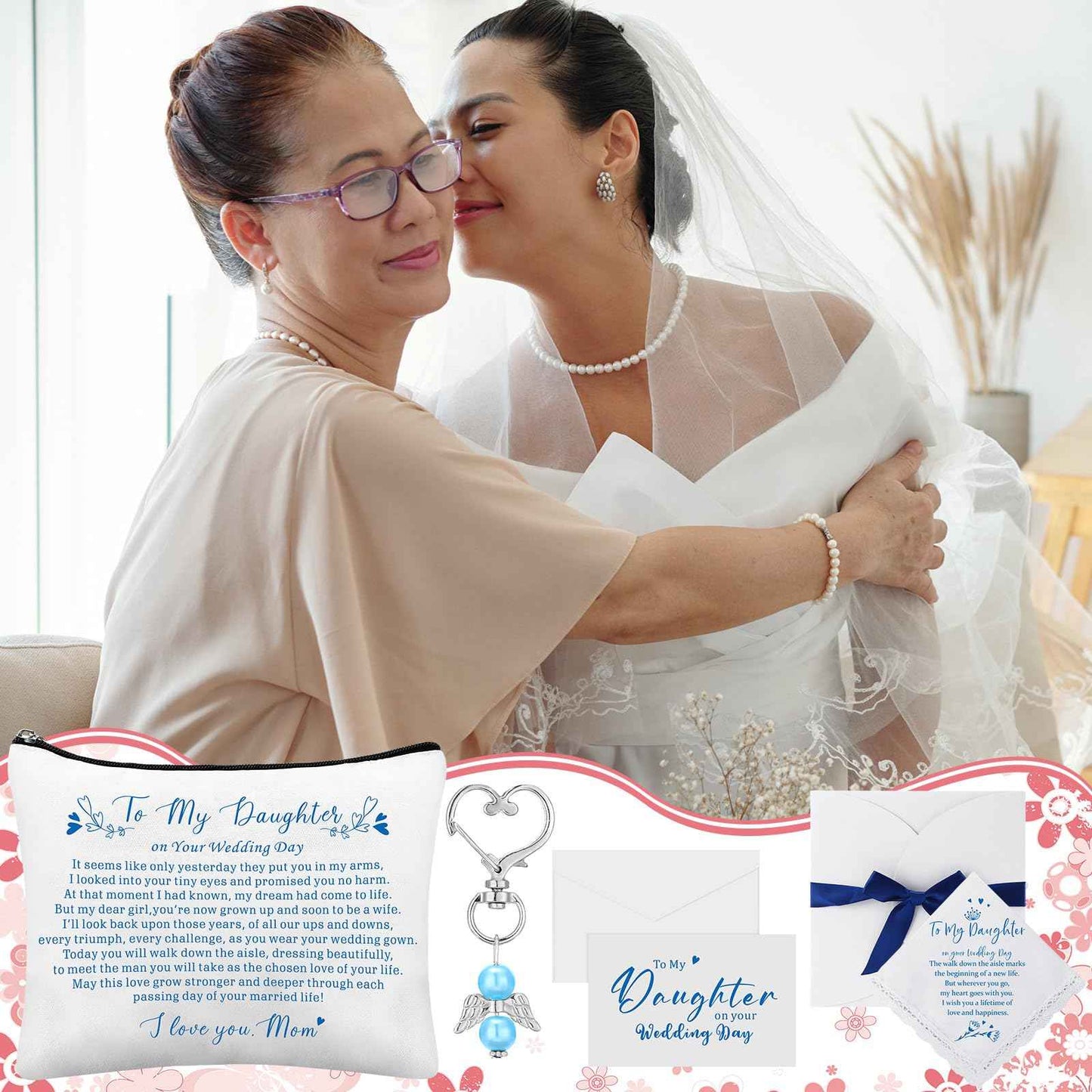 SilTriangle 6 Pcs Wedding Gift to Daughter from Mother Include Embroidered Handkerchief Bride Angel Charms Card Makeup Bag Petal Envelope Blank Envelope for Wedding Day Bridal Shower Keepsake