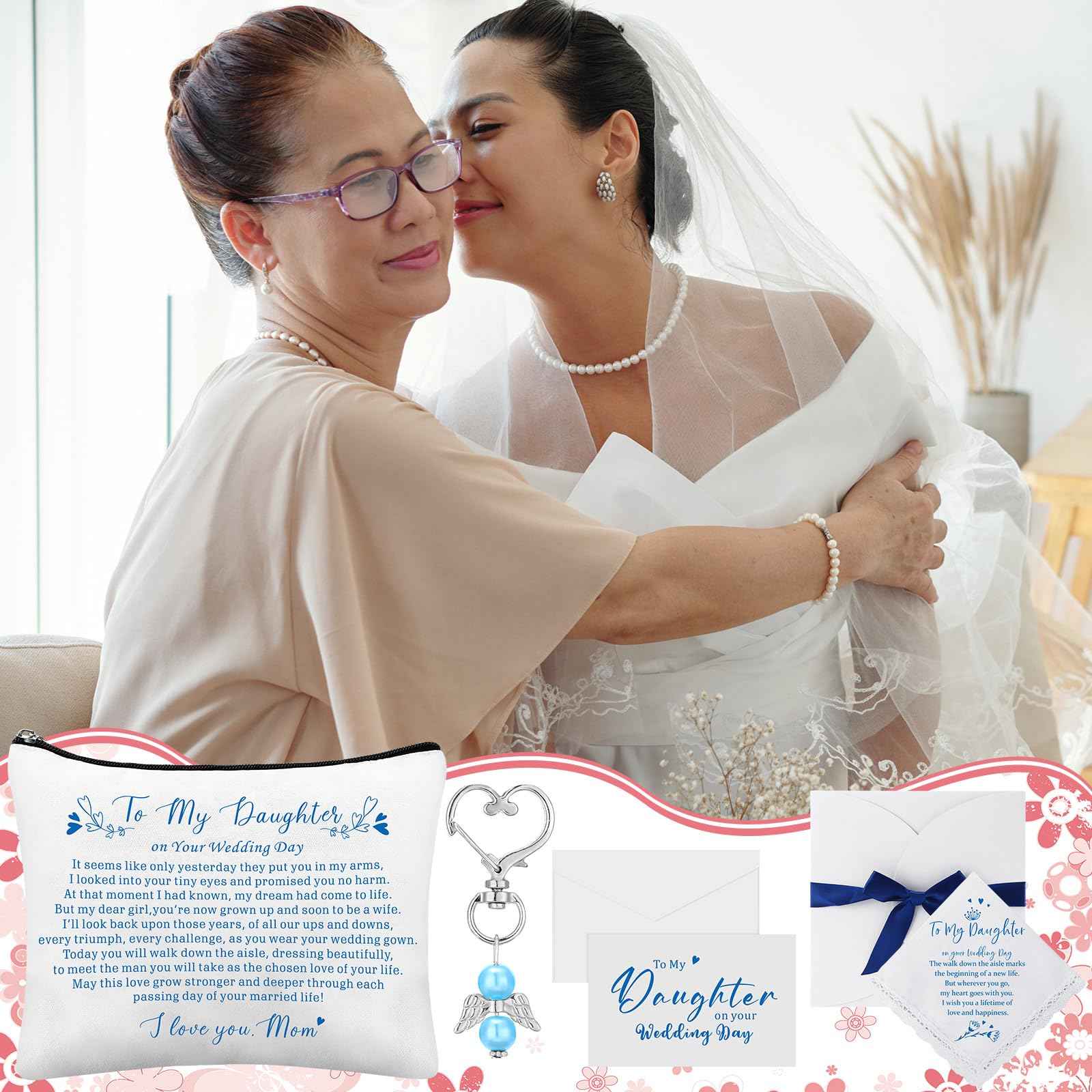 SilTriangle 6 Pcs Wedding Gift to Daughter from Mother Include Embroidered Handkerchief Bride Angel Charms Card Makeup Bag Petal Envelope Blank Envelope for Wedding Day Bridal Shower Keepsake