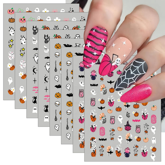 8Sheets Halloween Nail Art Stickers Cute Zombie Ghost Nail Decals 3D Self-Adhesive Bat Skull Spider Nail Sticker Pumpkin Cat Day of The Dead Nail Decoration Nail Supplies for Women Girls Holiday DIY