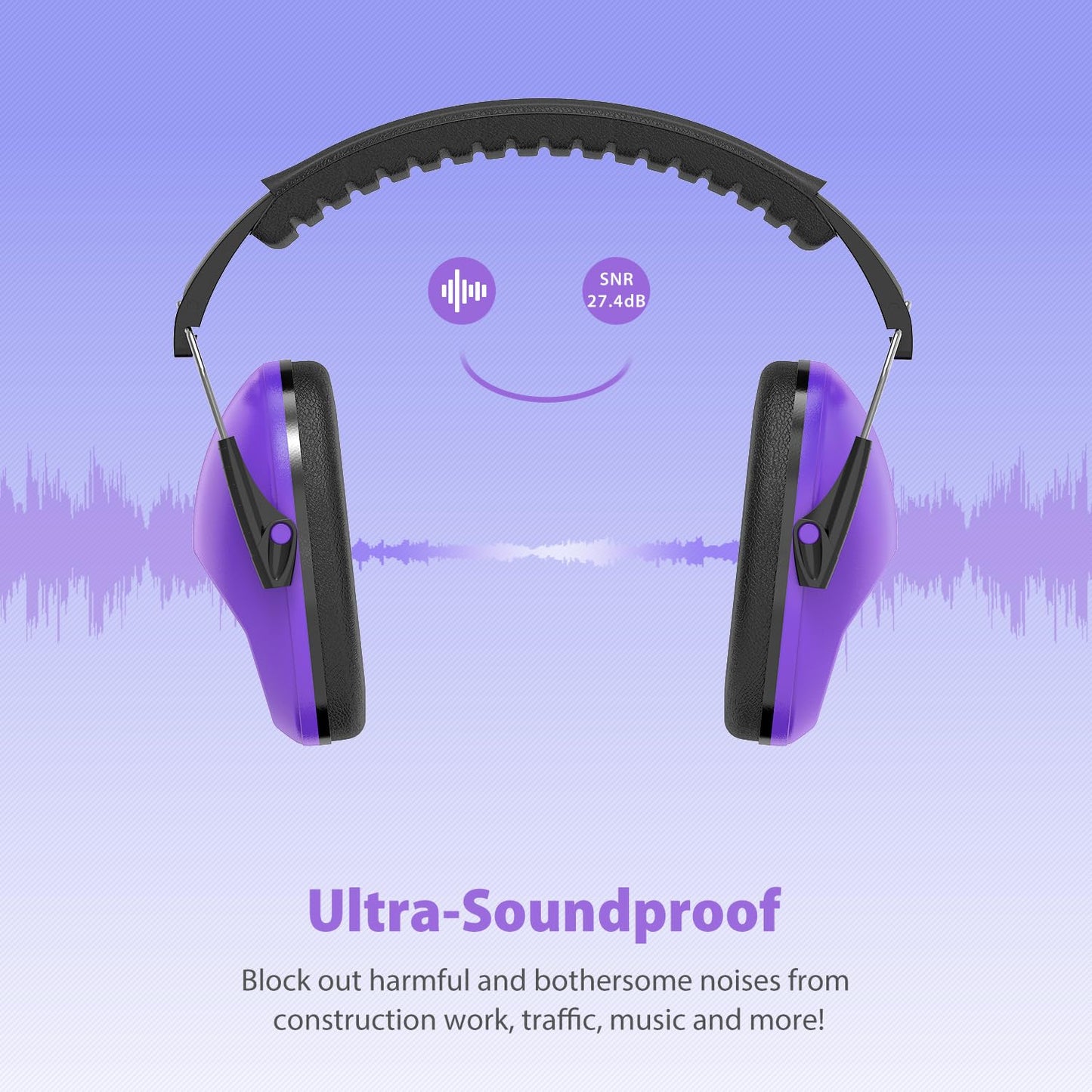 Dr.meter Ear Muffs for Noise Reduction: EM100 SNR27.4 Kids Ear Protection with Adjustable Headband - Kids Noise Cancelling Headphones for Concerts, Football Game, Fireworks and Air Shows - Purple