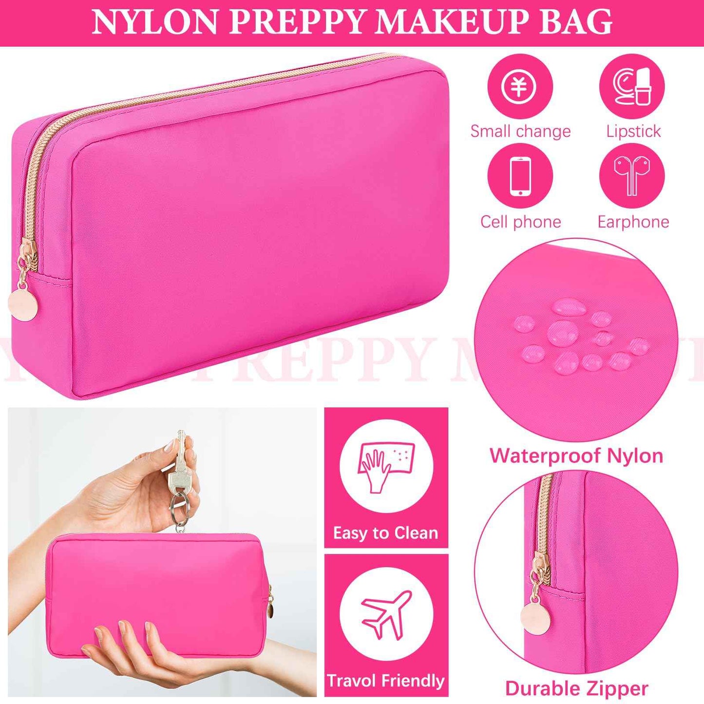 Hushee 4 Pcs Nylon Makeup Bag Preppy Zipper Pouch Waterproof Nylon Toiletry Storage Bag for Women(Small,Hot Pink)