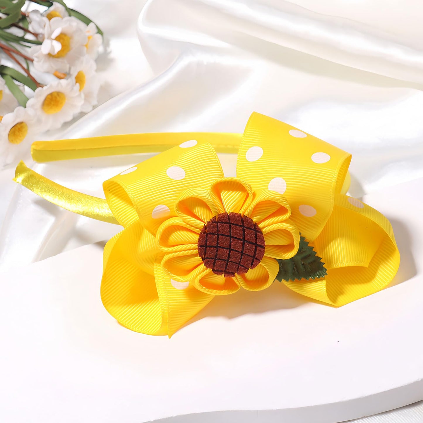 Vsdski Sunflower Headband Yellow Bow Hair Accessories for Women Girls Cute Flower Hair Bands Spring Summer Hair Decoration Wave Point Big Bow Headbands Non Slip Spring Summer Hair Decoration 1 Pcs