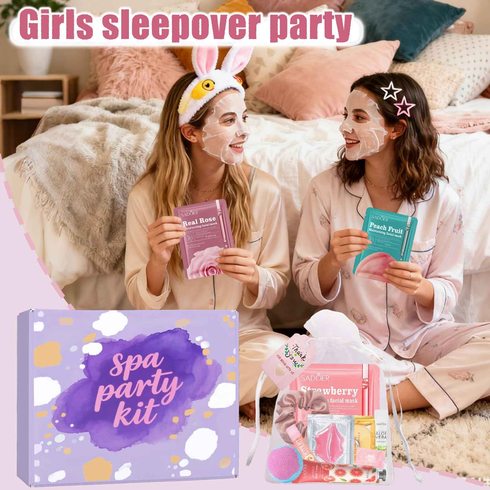 132PCS Spa Party Supplies for Women, Spa Party Favors Include Face Masks, Hand Cream, Lip Balm, Under Eye Patches, Lip Mask, Foot Bath Bombs, Hair Band, Spa Birthday Sleepover Party Supplies for Girls