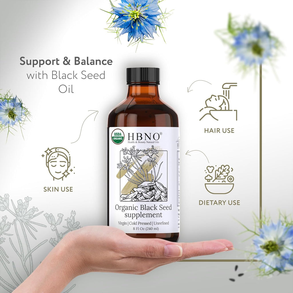 HBNO Organic Black Seed Oil - Huge 4oz (120ml) Glass Bottle Value Size - USDA Certified Organic Black Seed Oil, Cold Pressed for Face, Body, Lips, Shampoo & Conditioner