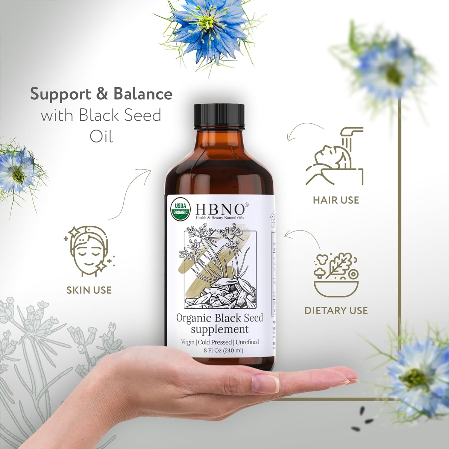 HBNO Organic Black Seed Oil - Huge 4oz (120ml) Glass Bottle Value Size - USDA Certified Organic Black Seed Oil, Cold Pressed for Face, Body, Lips, Shampoo & Conditioner