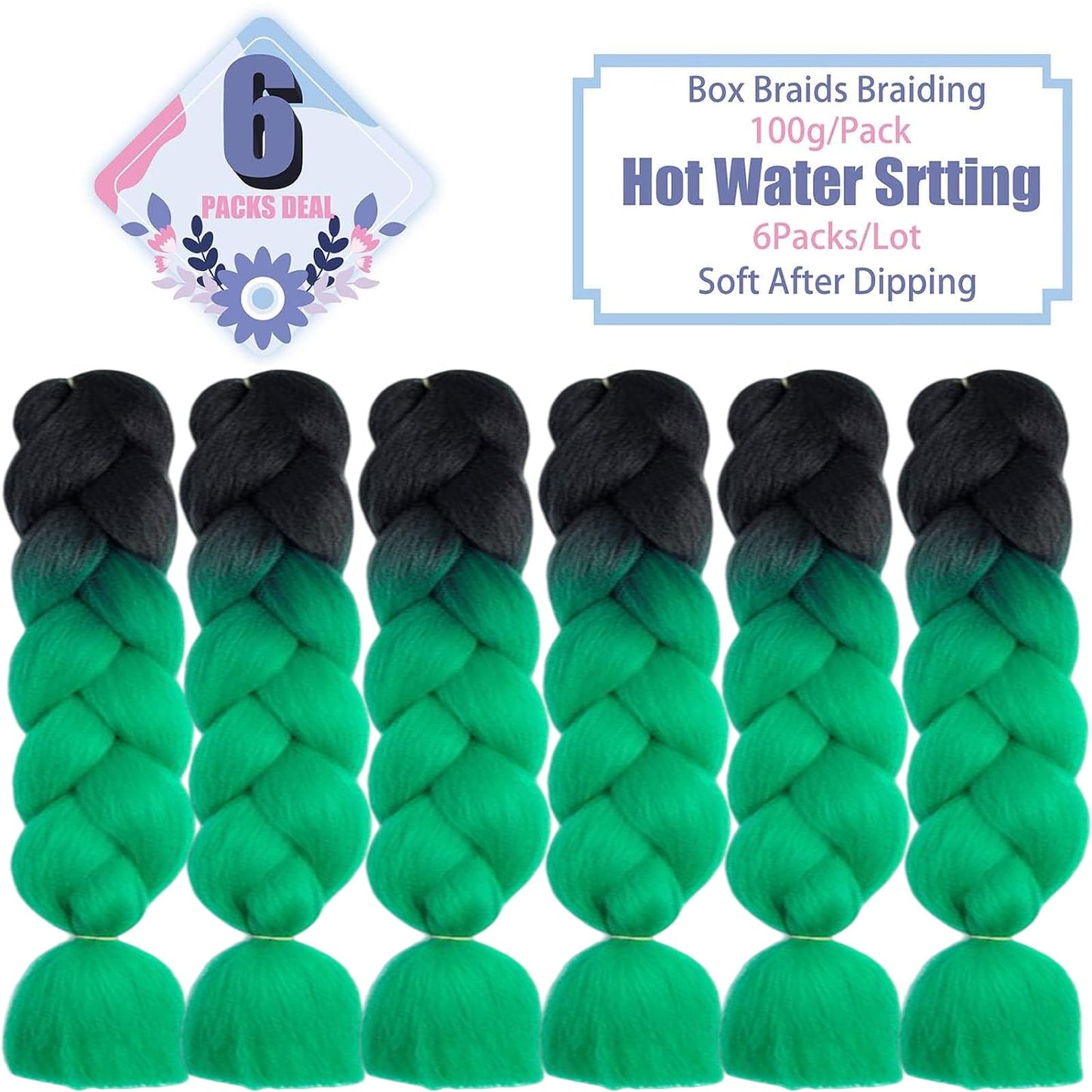 LILYKA SHOW 6 Packs 24 Inch Braiding Hair Extensions for Women Braiding Hair Ombre Jumbo Braiding Hair Extensions High Temperature Synthetic Braiding Hair(24 Inch(Pack of 6), Black to Green)