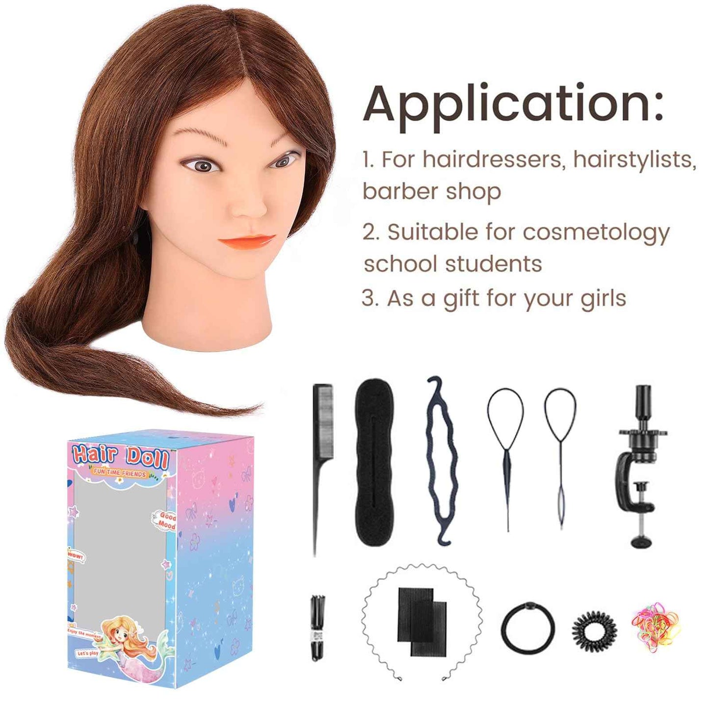 Mannequin Head with 100% Real Hair, Cenoz 18" Hairdresser Cosmetology Training Head with Stand and Tool, Manikin Training Practice Head, Doll Head for Hair Styling （Dark brown）