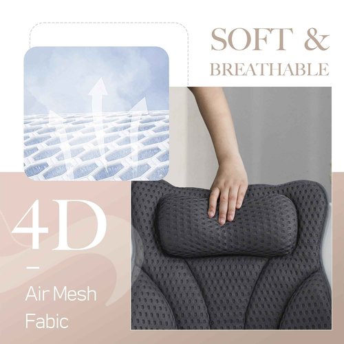 Joeyset Bath Pillows for Tub Head Neck Back Support, Bathtub Pillow 4D Breathable Air Mesh, Spa Relaxing Gifts for Women, Luxury Bathing Accessories with 6 Suction Cups and Hook (Gray)