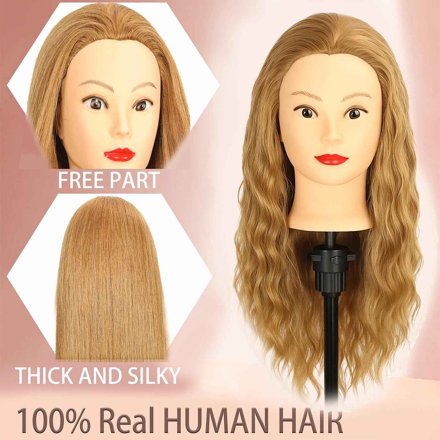 Female Mannequin Head With100% Real Hair Blonde Cosmetology Mannequin Head Hair Styling Hairdressing Practice Training Head Cosmetology Manikin Head Doll Head for Hairdresser with Clamp