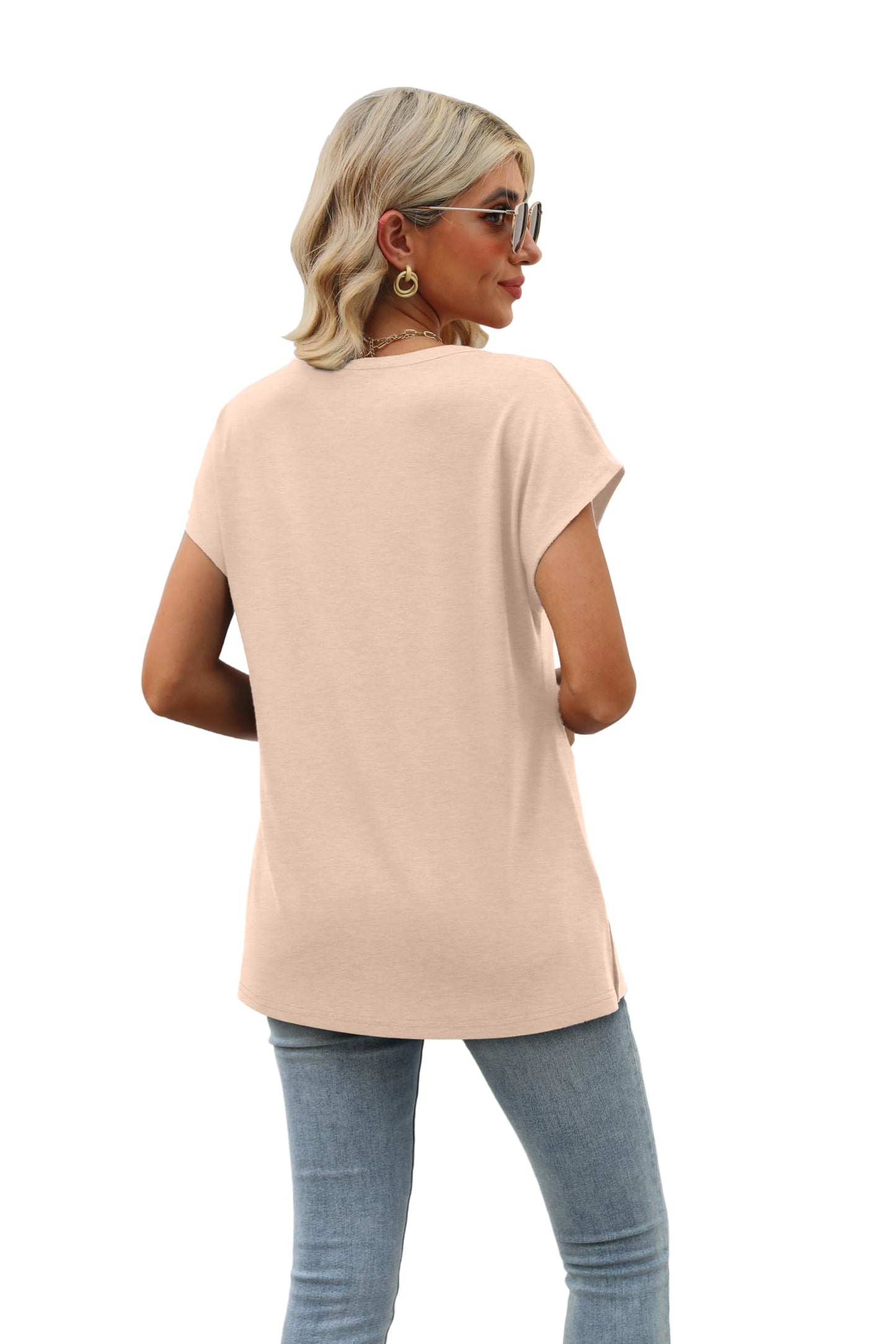 Womens Short Sleeve 2024 Summer Tops Trendy V Neck Basic Tees Loose Fit Shirts Apricot S