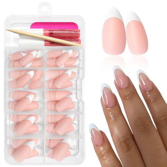 Bellelfin 120Pcs Almond French Tip Press on Nails Medium White Tip Fake Nails, Full Cover Matte French Glue on Nails Nude Acrylic Nails Press on for Women Girls Artificial Fingernails