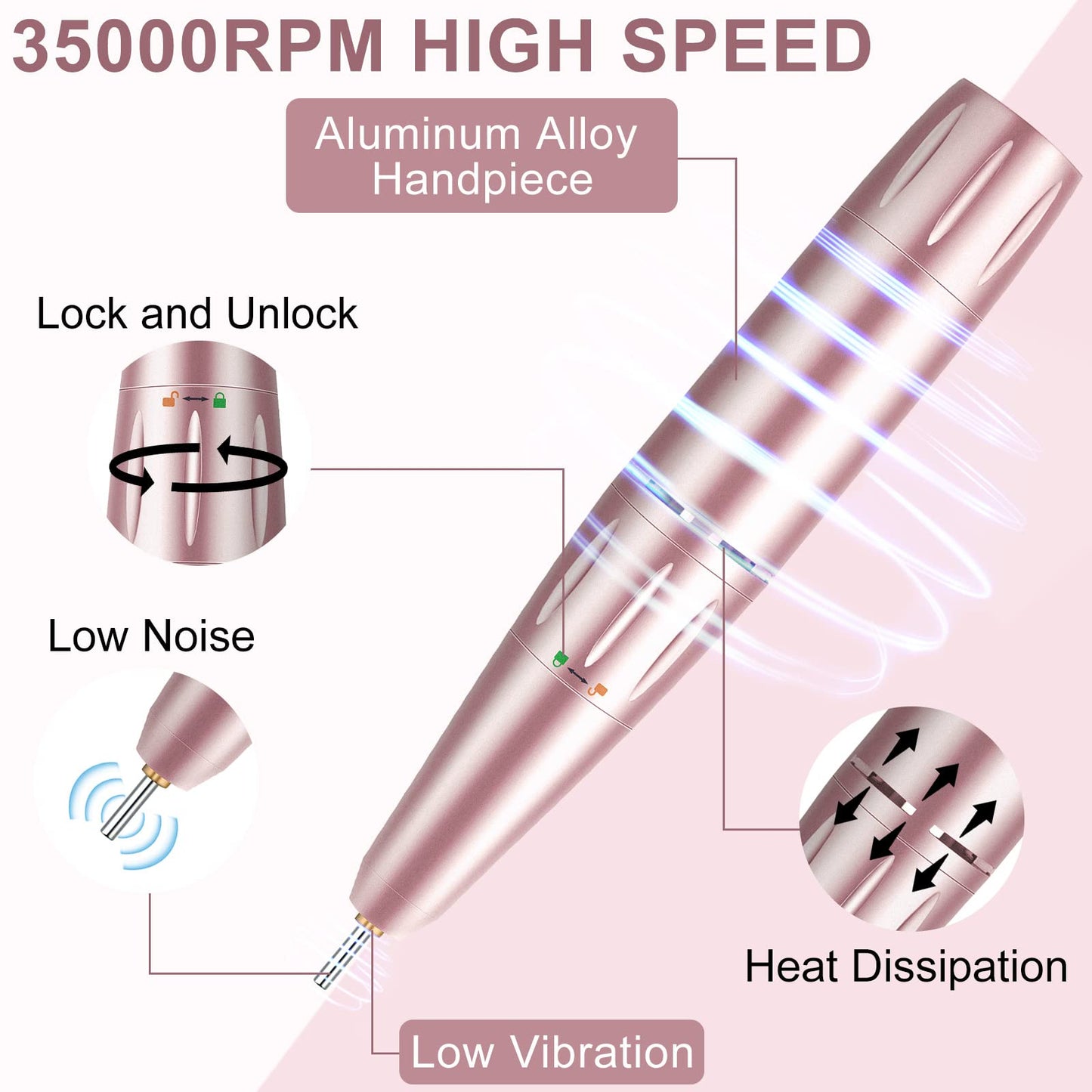 Electric Nail Drill, Urbuti 35000RPM Professional Nail Drill Machine, Portable Rechargeable File Machine Set for Acrylic Gel Nails, Manicure Pedicure Tools for Home and Salon Use(Pink)