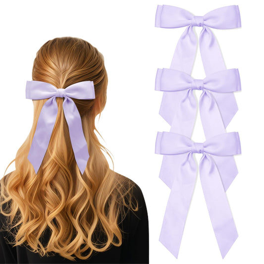 3Pcs Purple Hair Bows for Women Double-Layer Long Tail Bow Hair Clip Hair Ribbon Ponytail Holder Hair Accessories for Girls Toddlers