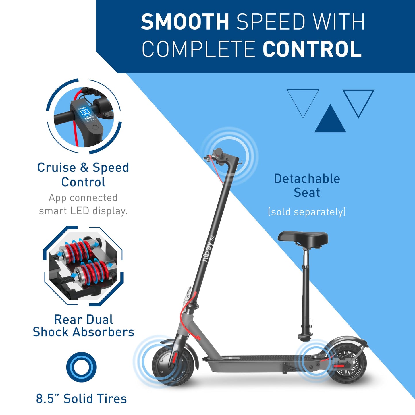 Hiboy S2 Electric Scooter with Seat - 8.5" Solid Tires - Up to 17 Miles & 19 MPH Folding Commuting Scooter for Adults with Double Braking System, Rear Suspension and App