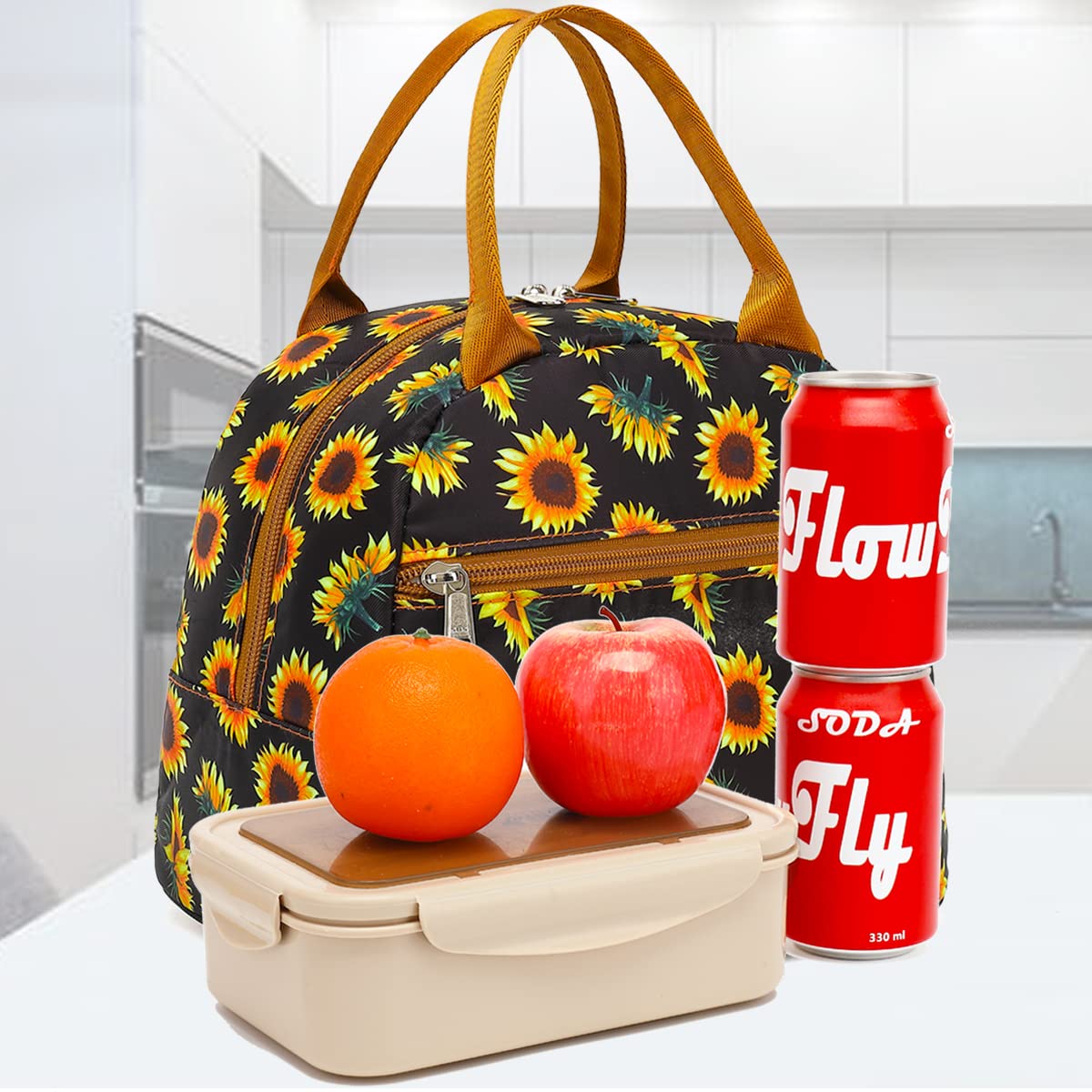 FlowFly Insulated Reusable Lunch Bag Adult Large Lunch Box Lunch Tote for Women and Men,With Front Pocket,SunFlower