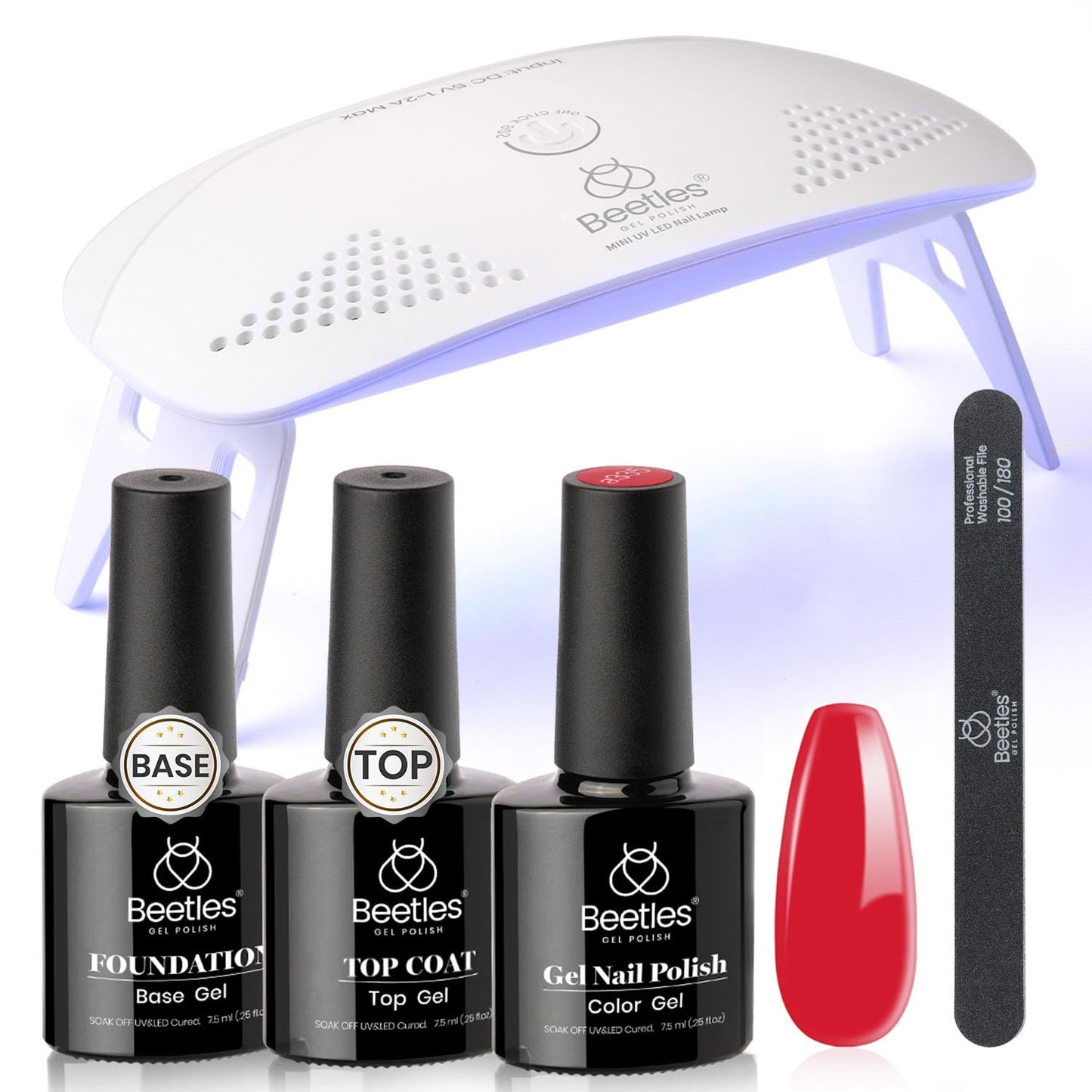 Beetles Red Gel Nail Polish Kit with UV LED Light and Base Gel Top Coat Starter Kit Soak Off Red Gel Polish Set with Lamp Nail File for DIY Home Nails Perfect for the 4th of July Women Manicure