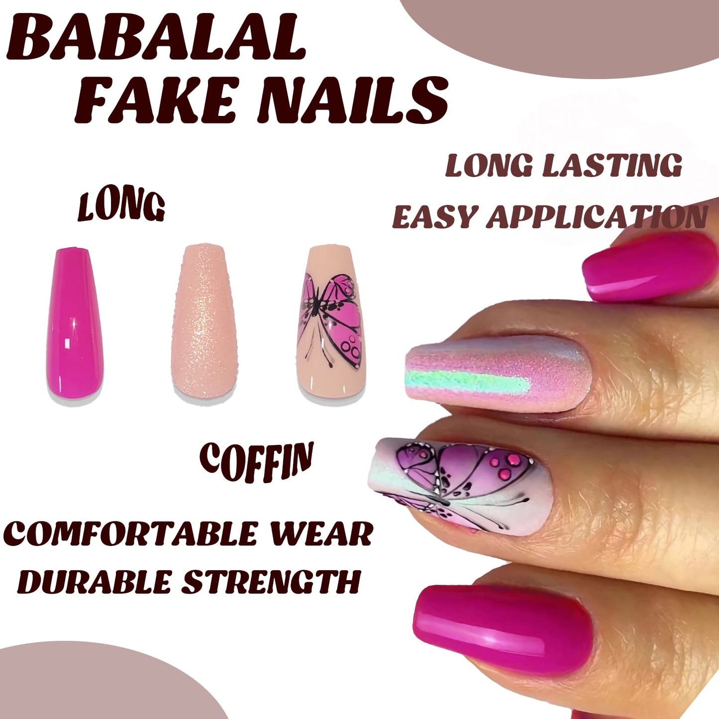 BABALAL Coffin Press on Nails Long Fake Nails Purple Glue on Nails Butterfly Gliter Acrylic Nails Shiny Ballerina Stick on Nails