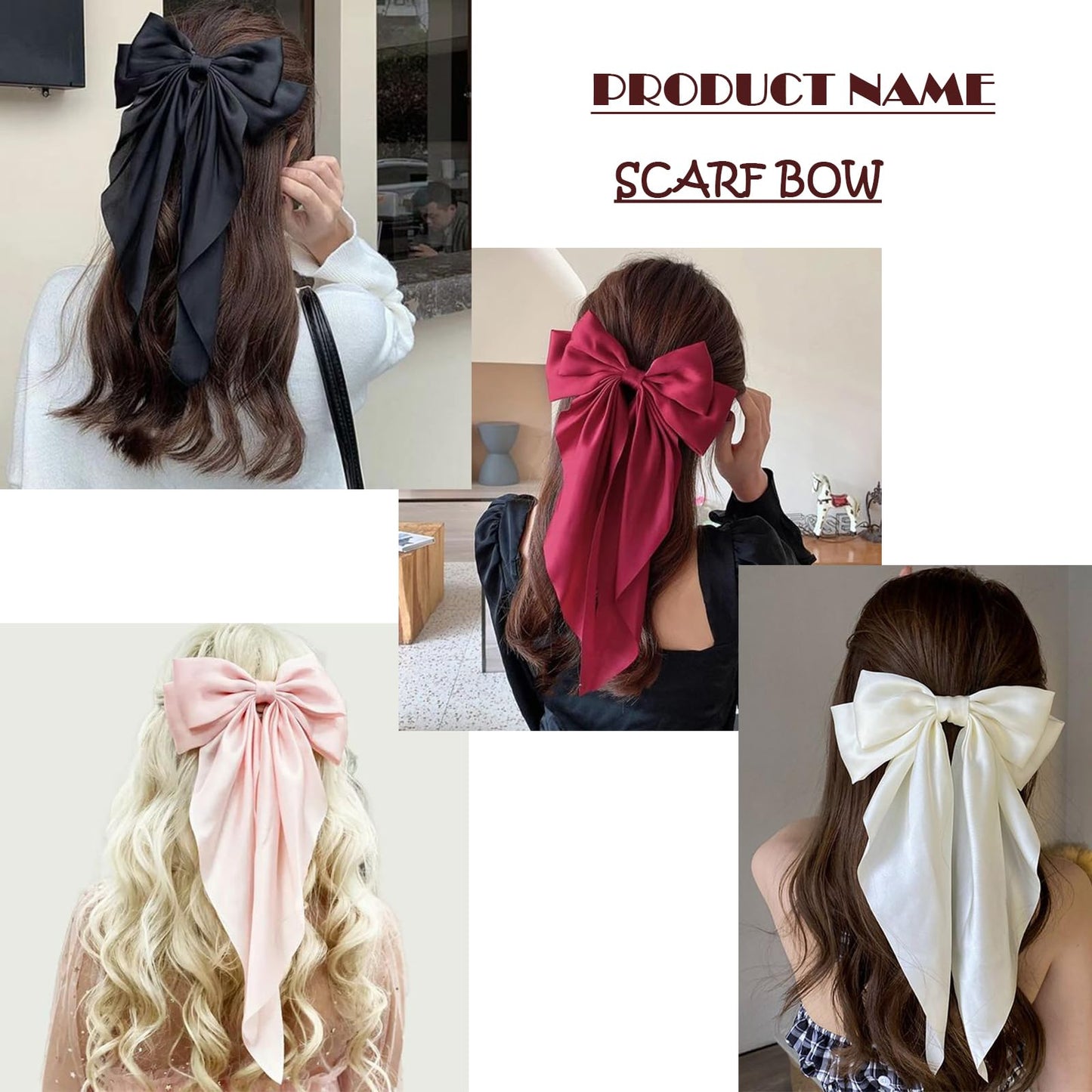 4Pcs Hair Bows, Silky Satin Hair Barrettes For Women, Oversized Long-Tail Hair, Large Bow Metal Spring Clip Temperament Beautiful Hair Accessories For Women Girl（Wine Red, Black, Cream White, Pink）