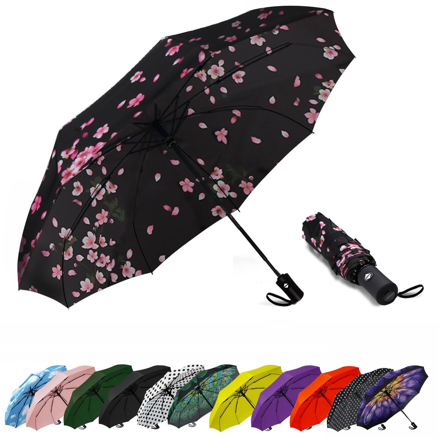 SIEPASA Sakura Windproof Travel Compact Umbrella - Automatic Umbrellas for Rain, Fiberglass Frame, Plastic Handle, Half Round Shape, Portable, Small, Lightweight, Ideal for Men and Women