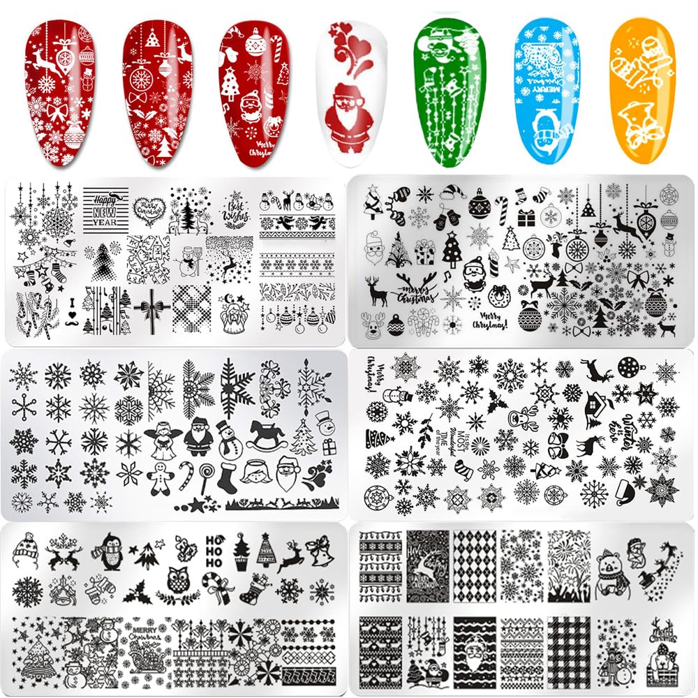 6Pcs Christmas Nail Stamper Kit Stainless Steel Image Nail Stamping Plate Christmas Snowflake Santa Claus Elk Socks Penguin Nail Stamper Templates Gel Nail Polish for DIY Christmas Nail Manicure Set