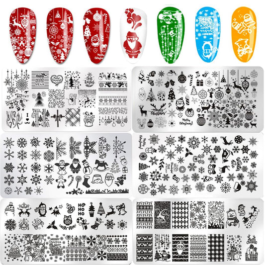 6Pcs Christmas Nail Stamper Kit Stainless Steel Image Nail Stamping Plate Christmas Snowflake Santa Claus Elk Socks Penguin Nail Stamper Templates Gel Nail Polish for DIY Christmas Nail Manicure Set