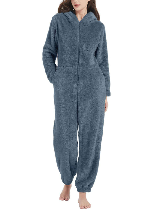 Kissonic Womens Onesie Pajamas Fleece Hooded Comfy One Piece Romper Fuzzy Sleepwear Homewear(Navy-S)
