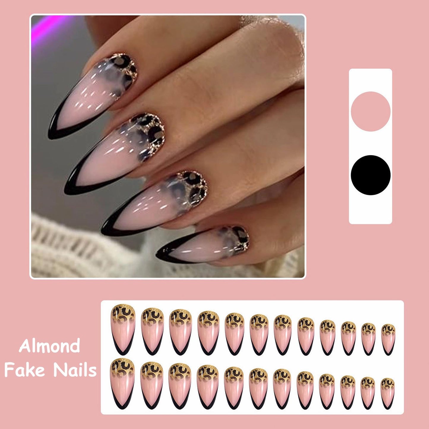 MISUD Press on Nails Medium Almond Fake Nails Glossy Glue on Nails Black French Tip Acrylic Nails Stiletto Leopard Artificial Nails Bling Gold Glitter Stick on False Nails with Design 24 pcs