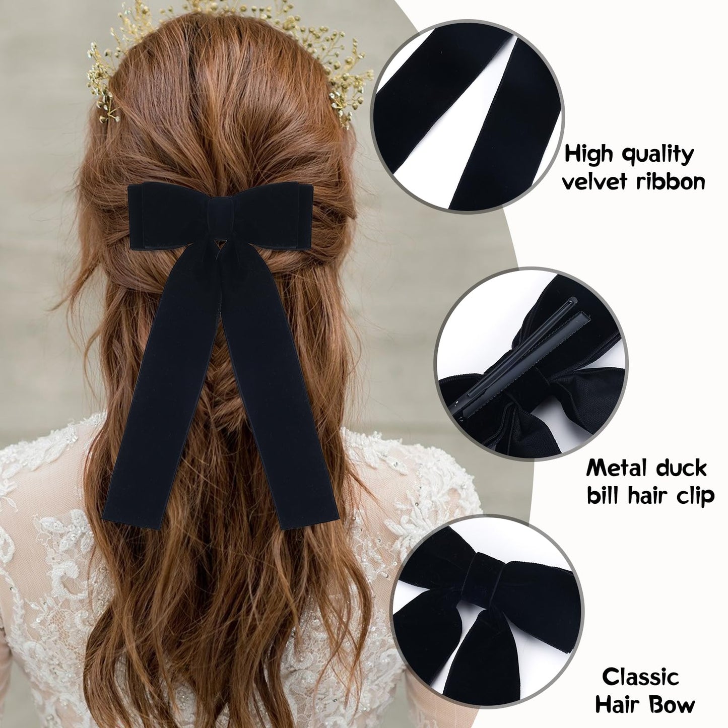 Zkptops 4Pcs Black Velvet Bow Hair Clips for Women Girls Kids Teens Toddlers Big Long Tassel Ribbon Bowknot Hair Accessories Soft Large Ponytail Holder Thin Curly Fine Thick Hair Cute Metal Barrette