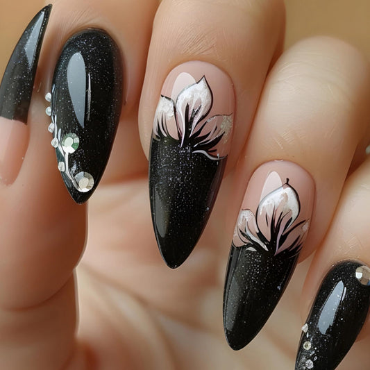 MISUD Press on Nails Medium Almond Fake Nails Glossy Glue on Nails Black Flower Acrylic Nails Stiletto Artificial Nails Bling Glitter Stick on False Nails with Rhinestone Design 24 pcs