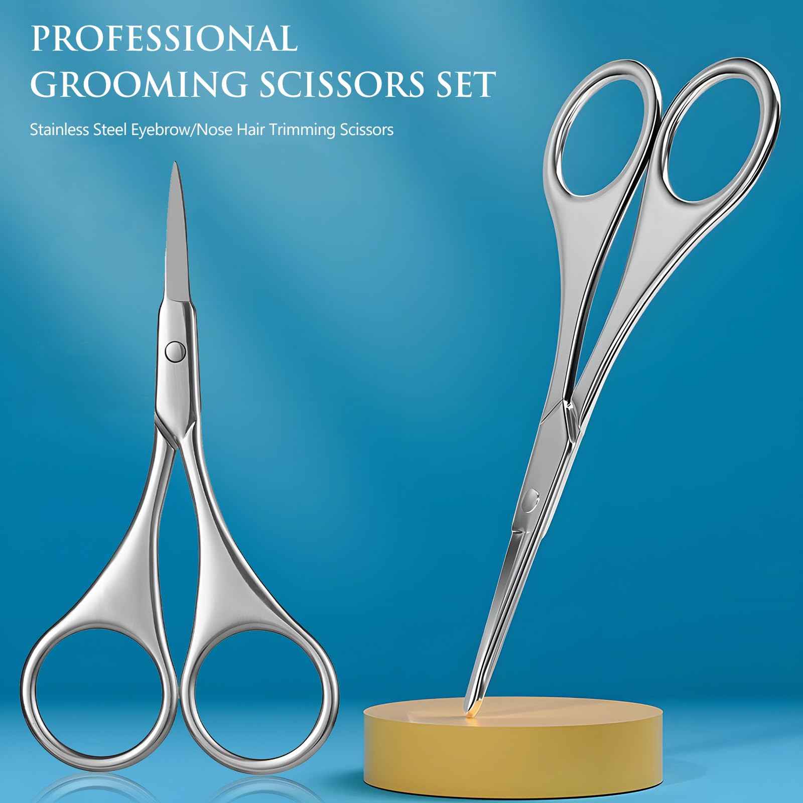 Kootinn 2Pcs Facial Hair Small Grooming Scissors For Men Women - Eyebrow, Nose Hair, Mustache, Beard, Eyelashes, Ear Trimming Kit - Curved and Rounded Safety Tip Clippers For Hair Cutting - Silver