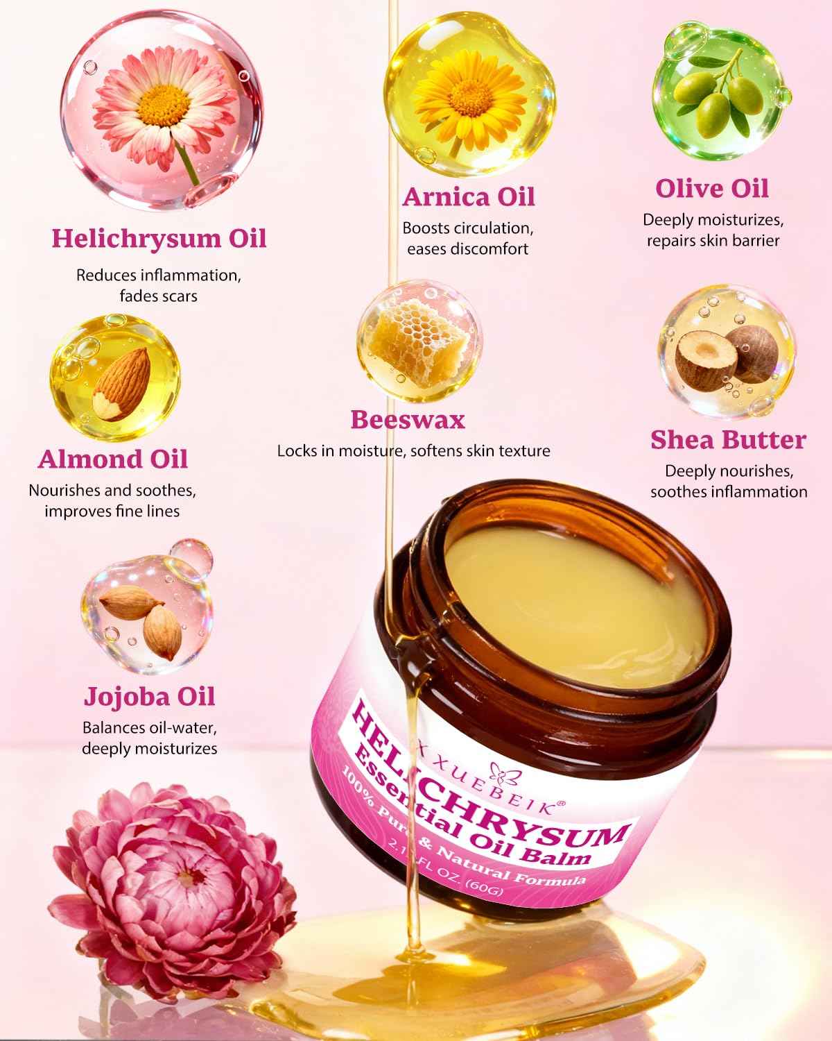 XUEBEIK Helichrysum Multipurpose Balm - Natural Soothing Hydrating Salve with Helichrysum Oil for Thin, Fragile, B-ruised & Aging Skin | Moisturizes & Revitalizes Body & Face - 60G/2OZ