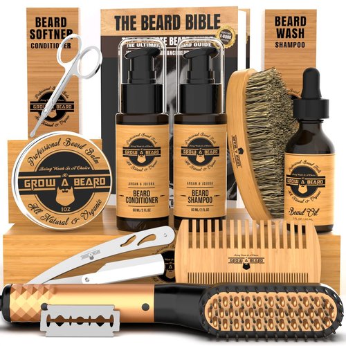 Beard Straightener Grooming Kit for Men, Beard Growth Kit, Beard Wash, Brush & Comb, Unscented Growth Oil, All Natural Chanel Balm, Conditioner, Razor & Scissors, Great Gift Idea for Men's (Bamboo)