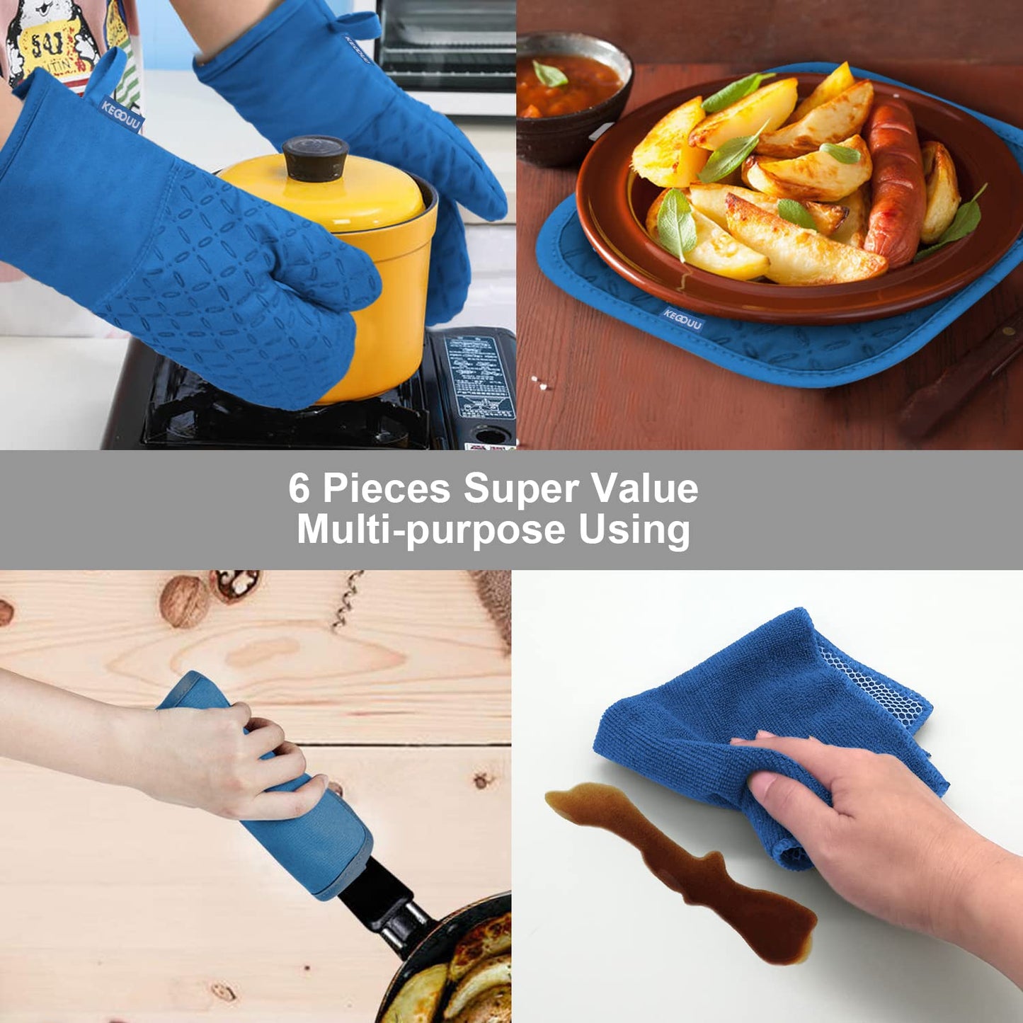 KEGOUU Oven Mitts and Pot Holders 6pcs Set, Kitchen Oven Glove High Heat Resistant 500 Degree Extra Long Oven Mitts and Potholder with Non-Slip Silicone Surface for Cooking (Royal Blue)