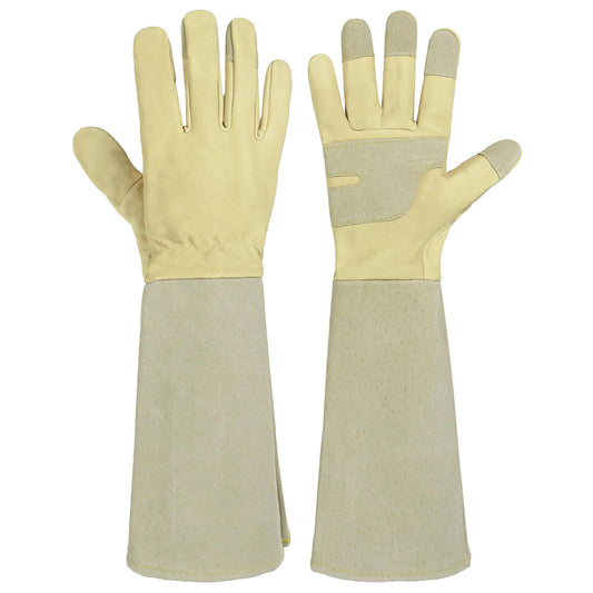 HANDLANDY Pruning Gloves Long for Men & Women, Rose Thorn Proof Gardening Gloves- Gardening Gifts for Gardeners (Beige- goatskin, Medium (Pack of 1))